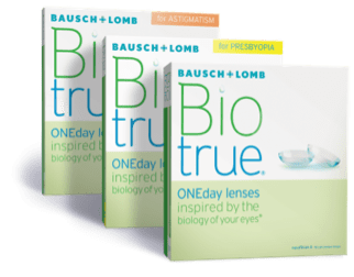Biotrue ONEday lineup of daily contact lens boxes