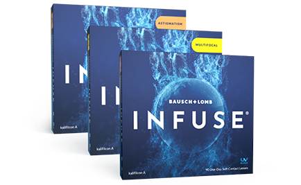 Collection of INFUSE daily contact lens boxes