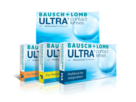 Collection of ULTRA monthly contact lens boxes