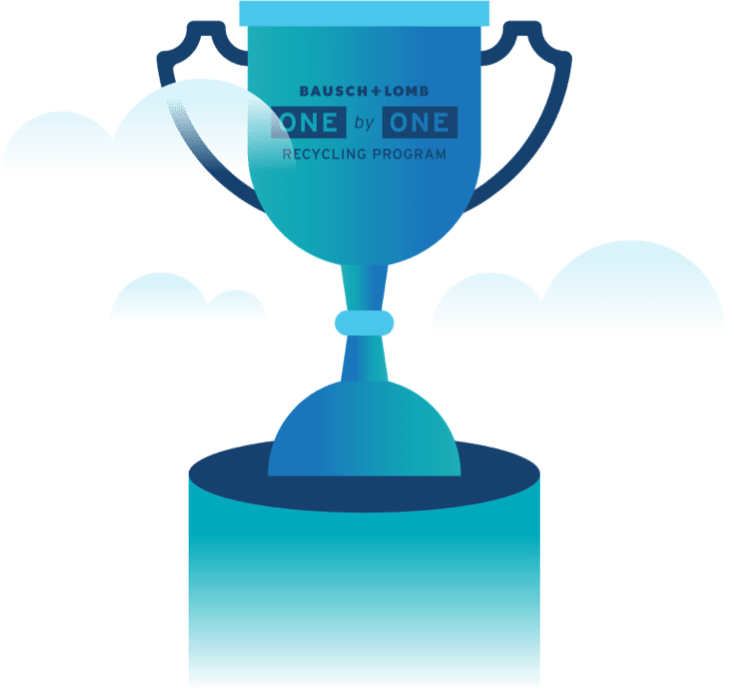 Illustration of trophy for the Bausch + Lomb ONE by ONE Recycling Program on a pedestal